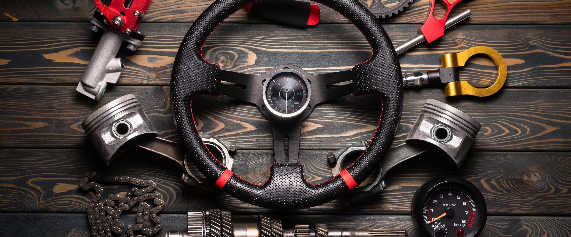 Car tuning flat lay concept background. Sport car accessory.