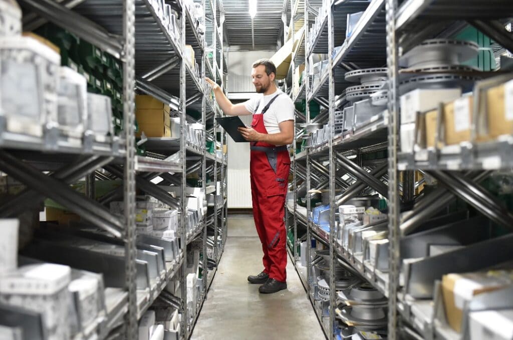 Mitarbeiter im Lager mit KFZ-Ersatzteilen in einer Autowerkstatt // Employees in the warehouse with spare parts for cars in a garage