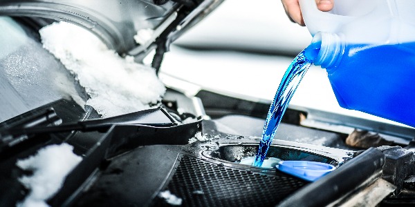 Pouring antifreeze. Antifreeze liquid for washing car screen.